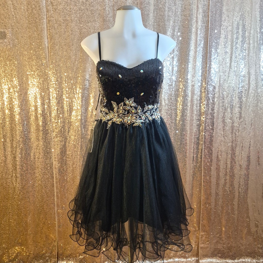 Poly USA Black Sequin Strapless Embellished Tulle Mini HOCO Dress/Size XL